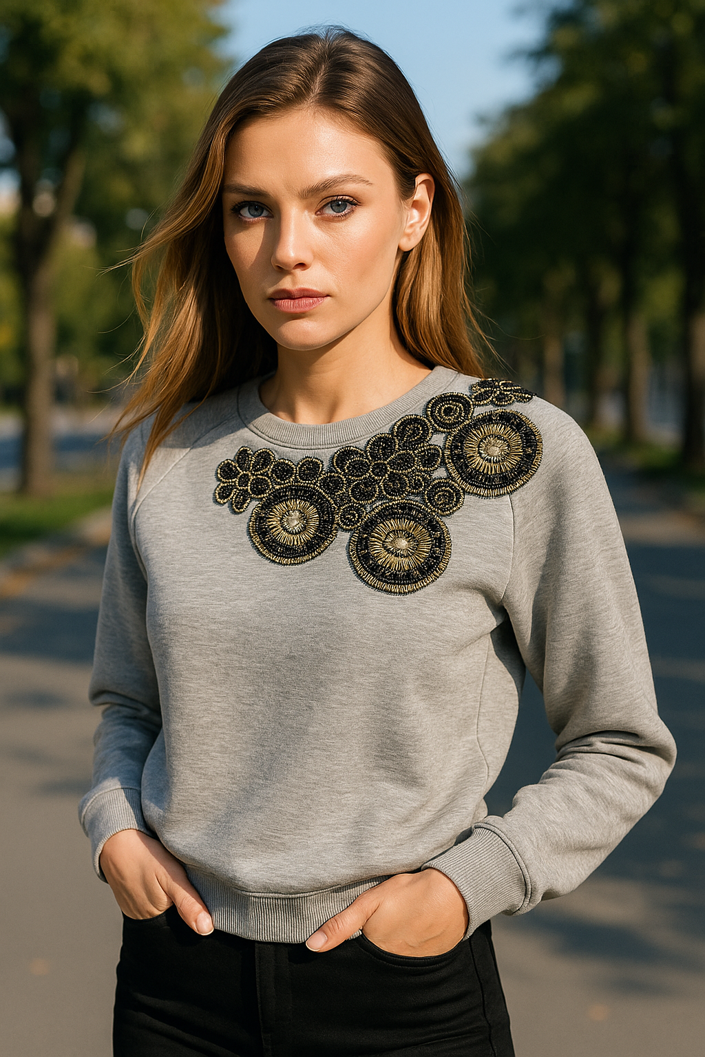 Yakası Boncuk İşlemeli Gri Polar Sweatshirt