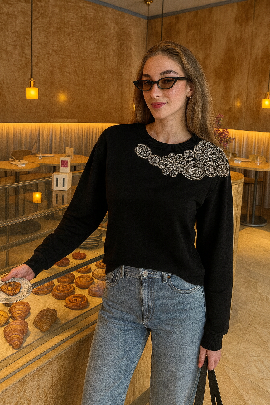 Yakası Gümüş Boncuk İşlemeli Siyah İnce Sweatshirt