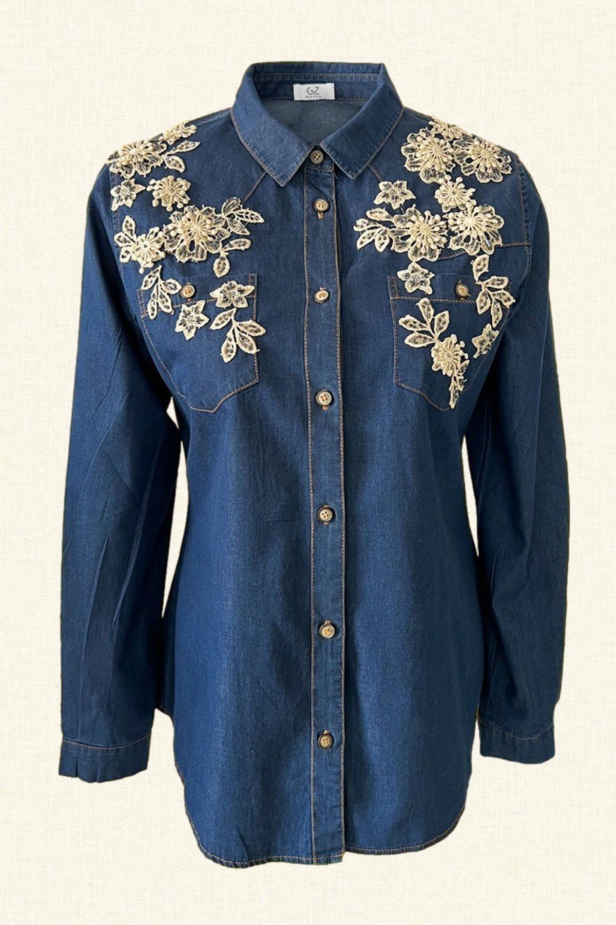 Gold Çiçek İşlemeli Koyu Renk İnce Jean Gömlek