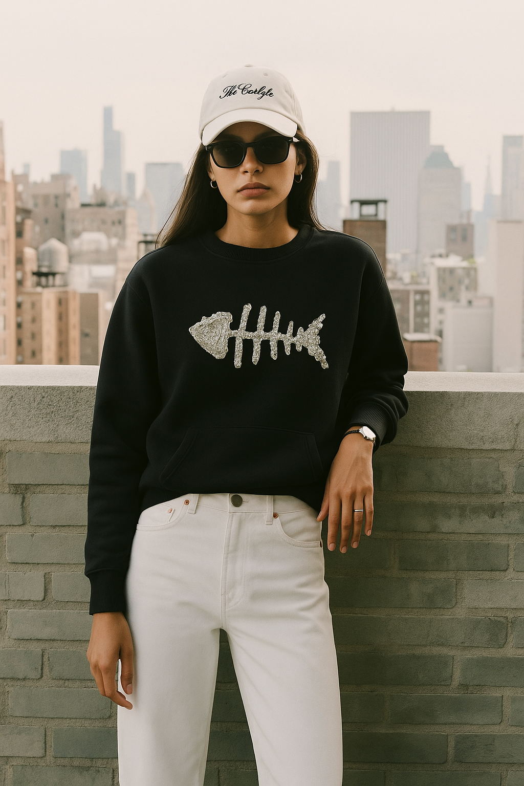 Gümüş Balık İşlemeli Cep Detaylı Siyah Sweatshirt