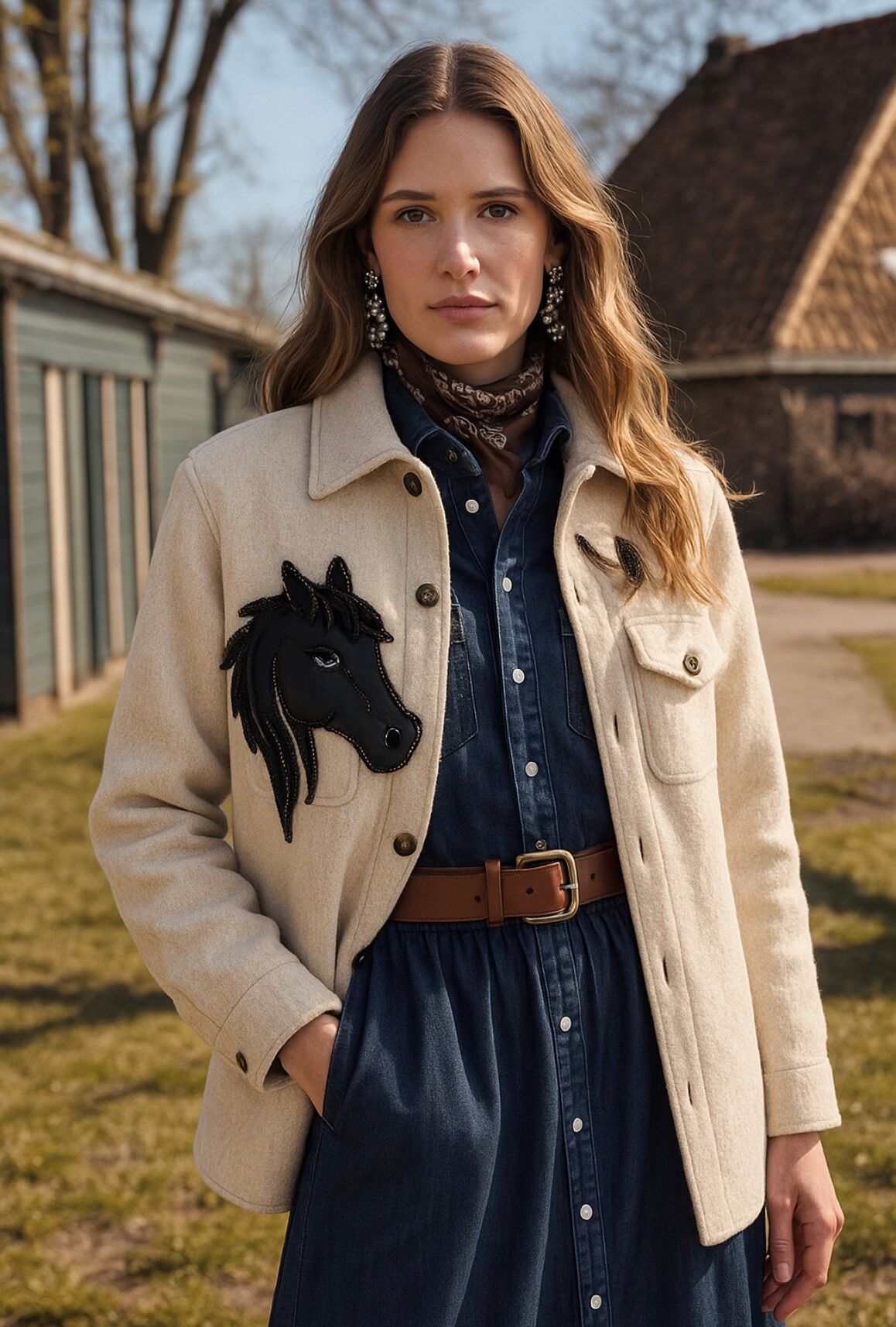 Deri At Figürü Detaylı Boncuk İşlemeli Krem Renk Yünlü Kaşe Ceket