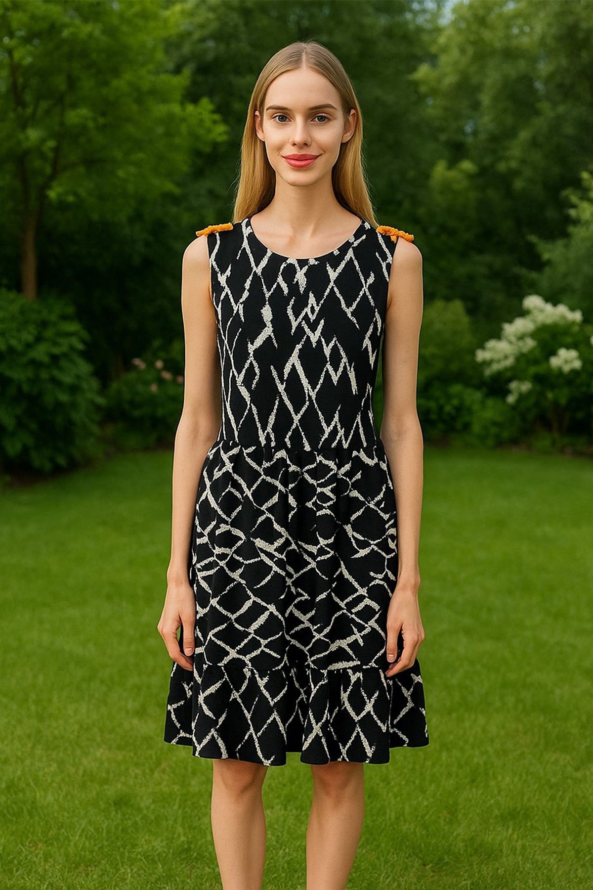 Omuzları Turuncu İşlemeli Siyah Beyaz Desenli Elbise