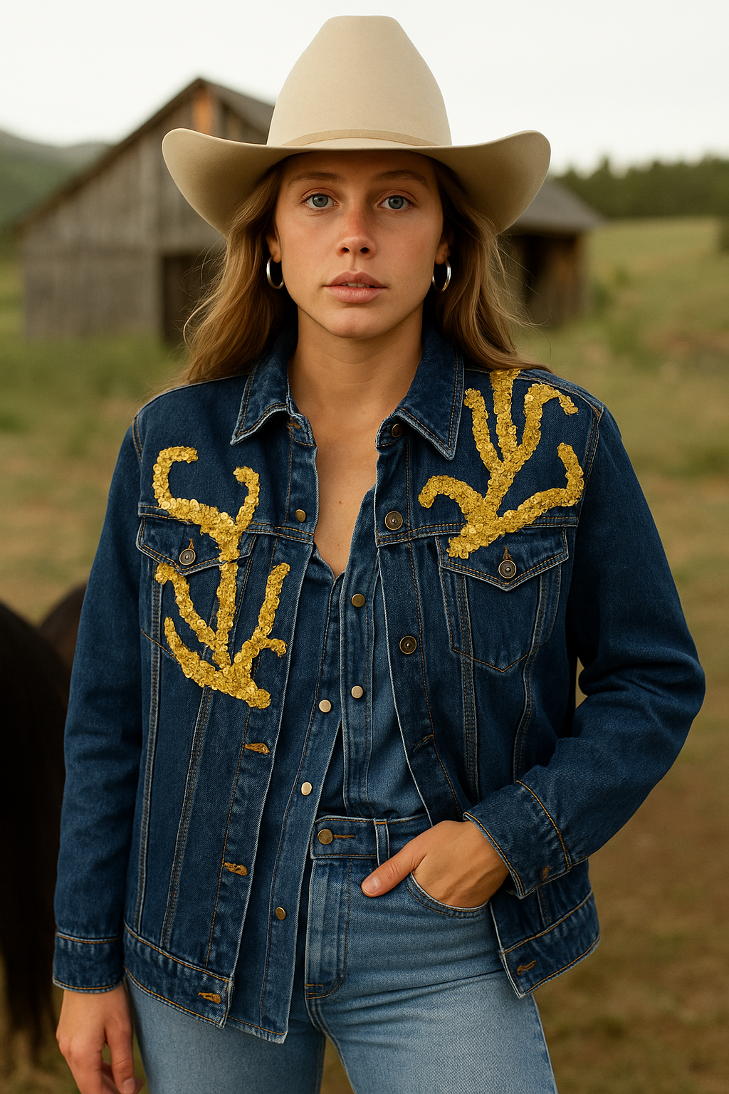 Gold Dal İşlemeli Koyu Renk Jean Ceket