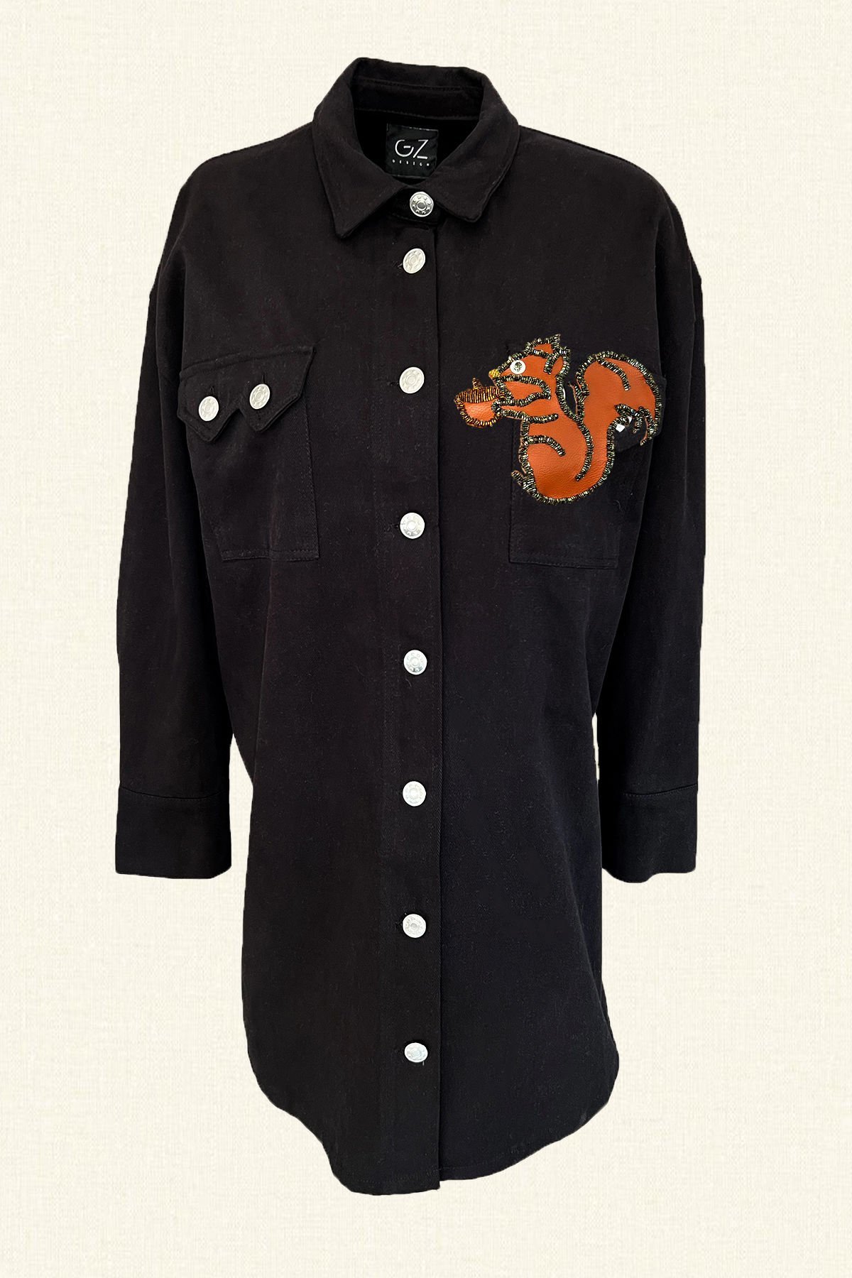 Deri Üzeri Boncuk İşlemeli Sincap Figürlü Uzun Siyah Renk Jean Ceket