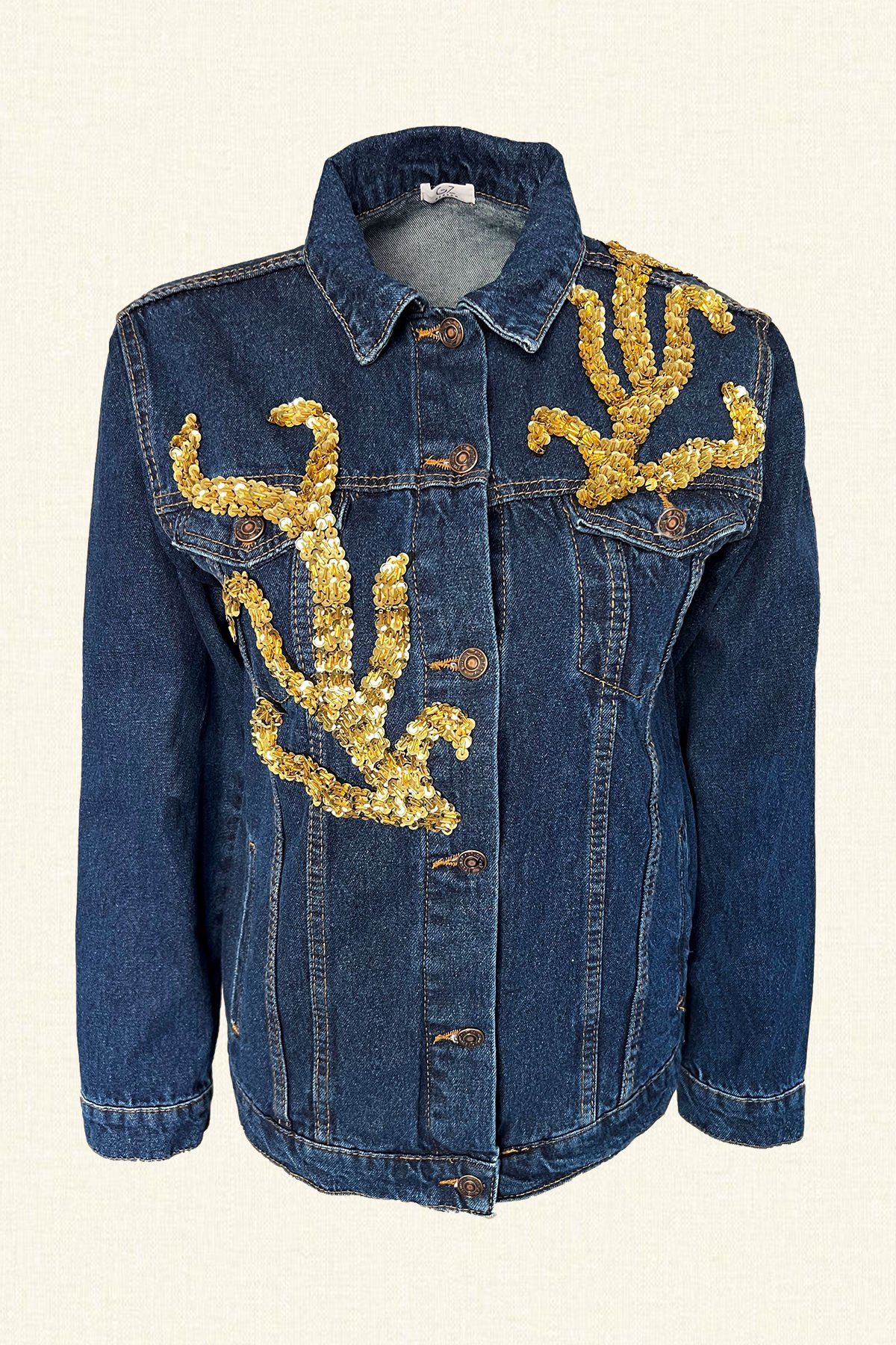 Gold Dal İşlemeli Koyu Renk Jean Ceket