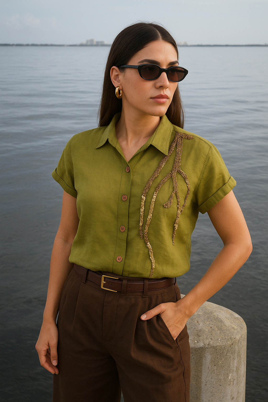Gold Dal İşlemeli Kısa Kollu Asker Yeşili Gömlek