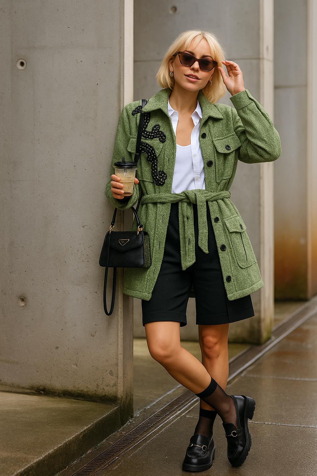 Siyah Boncuk İşlemeli Beli Kemerli Yeşil Yünlü Kaşe Ceket