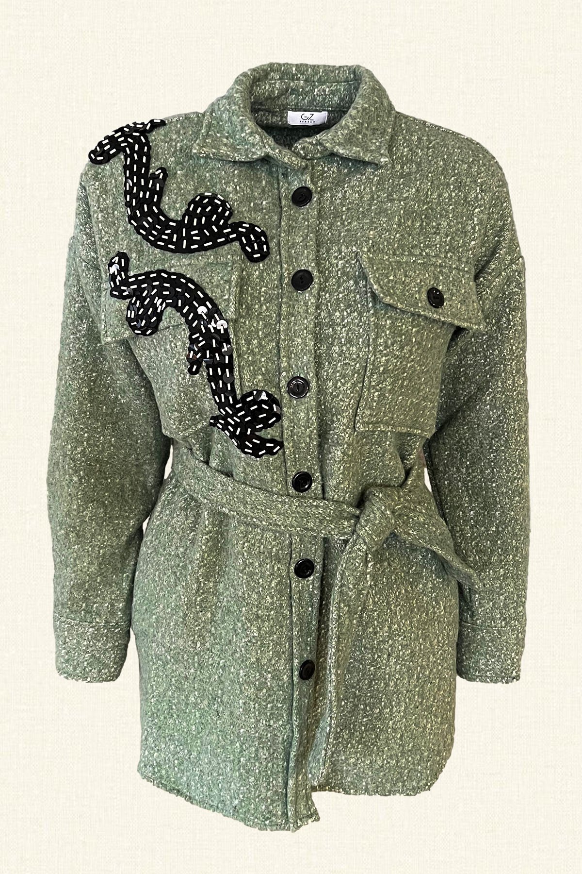 Siyah Boncuk İşlemeli Beli Kemerli Yeşil Yünlü Kaşe Ceket