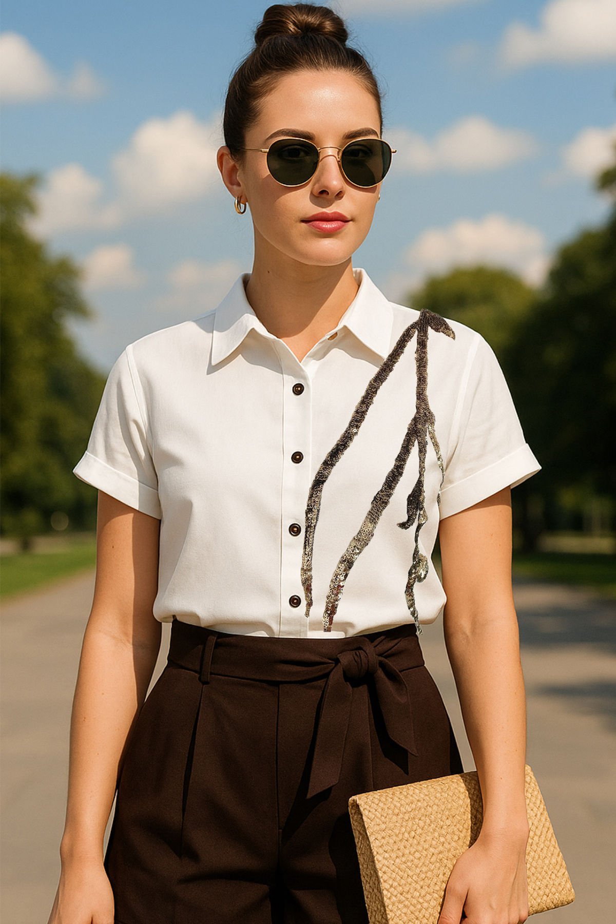 Gold Dal İşlemeli Kısa Kollu Beyaz Gömlek