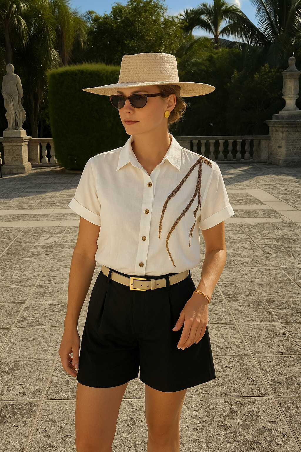 Gold Dal İşlemeli Kısa Kollu Beyaz Gömlek