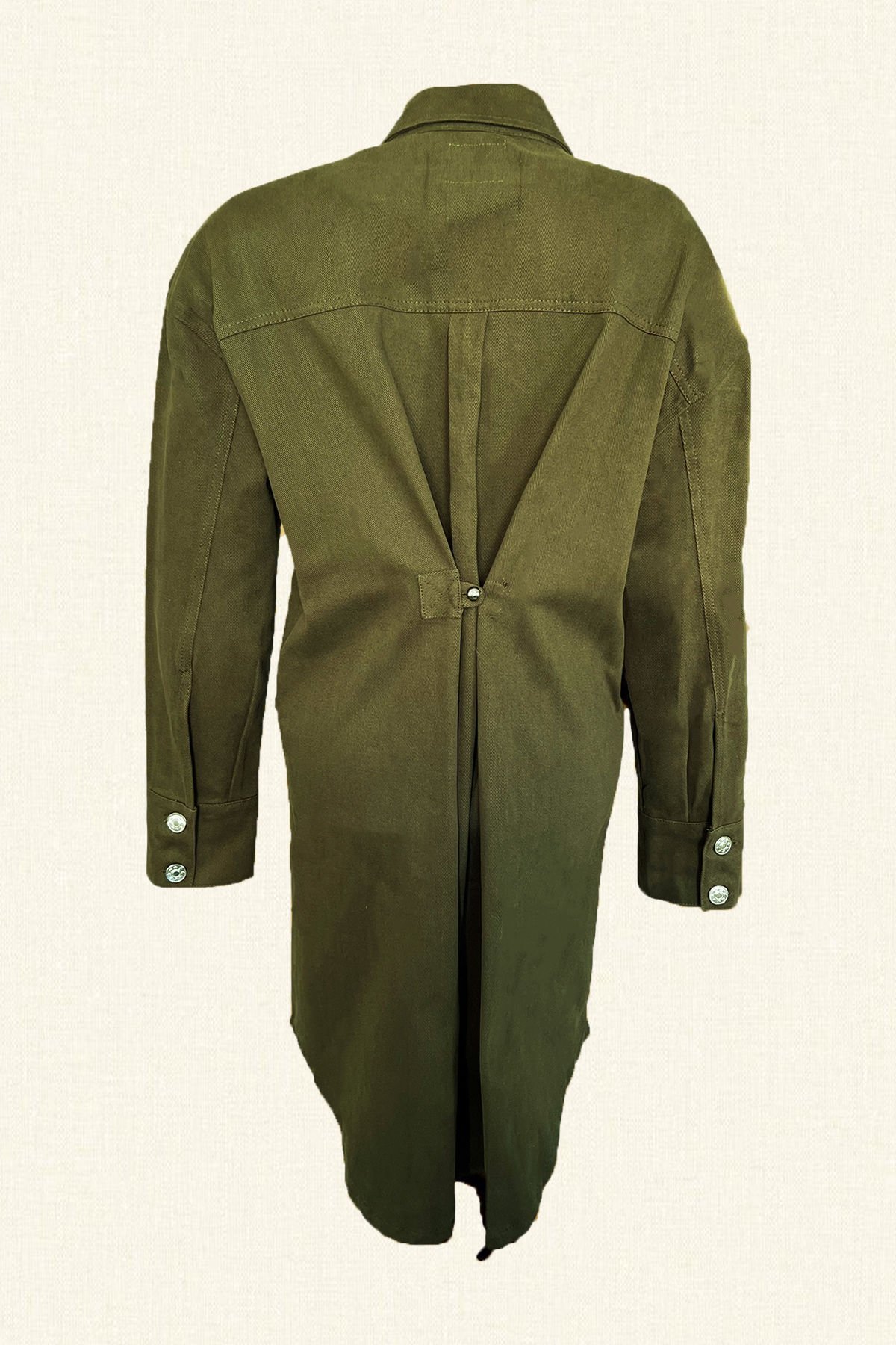 Deri Üzeri Boncuk İşlemeli Sincap Figürlü Uzun Yeşil Renk Jean Ceket