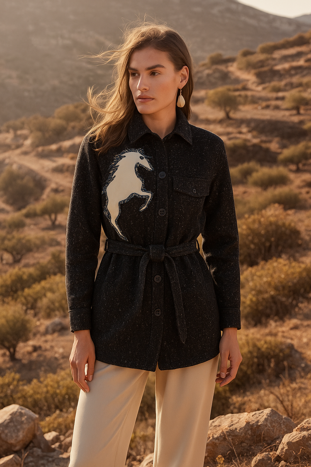 Gri Deri At Figürlü Boncuk İşlemeli Beli Kemerli Siyah Yünlü Kaşe Ceket