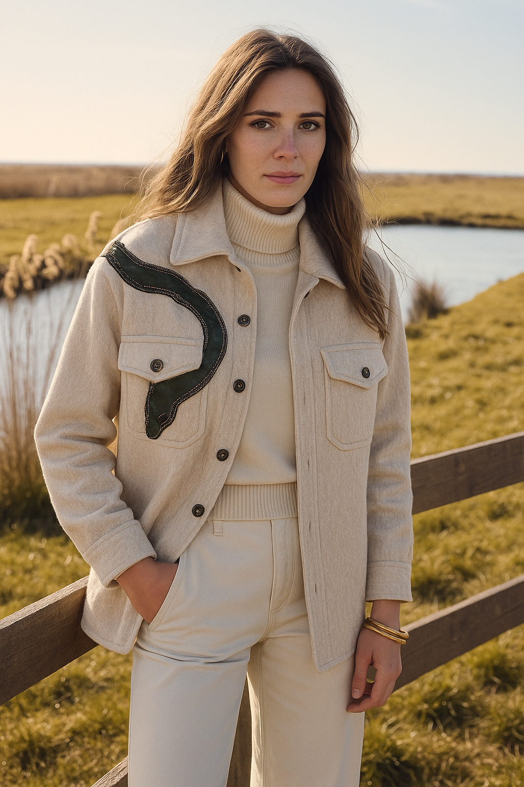 Yeşil Deri Yılan Figürlü Boncuk İşlemeli Krem Rengi Yünlü Kaşe Ceket