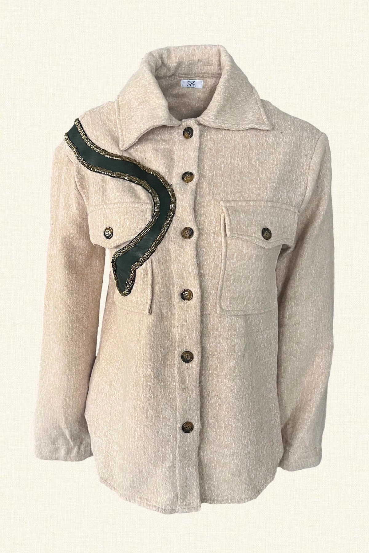 Yeşil Deri Yılan Figürlü Boncuk İşlemeli Krem Rengi Yünlü Kaşe Ceket