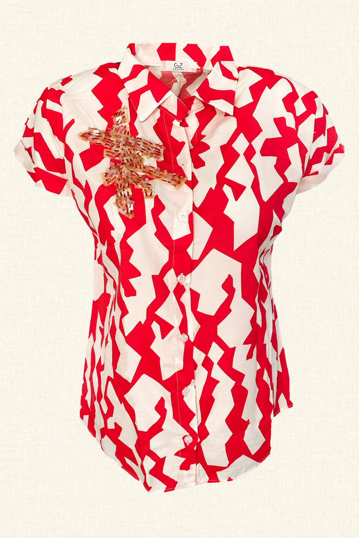 İşleme Detaylı Kırmızı Desenli Kısa Kollu Gömlek