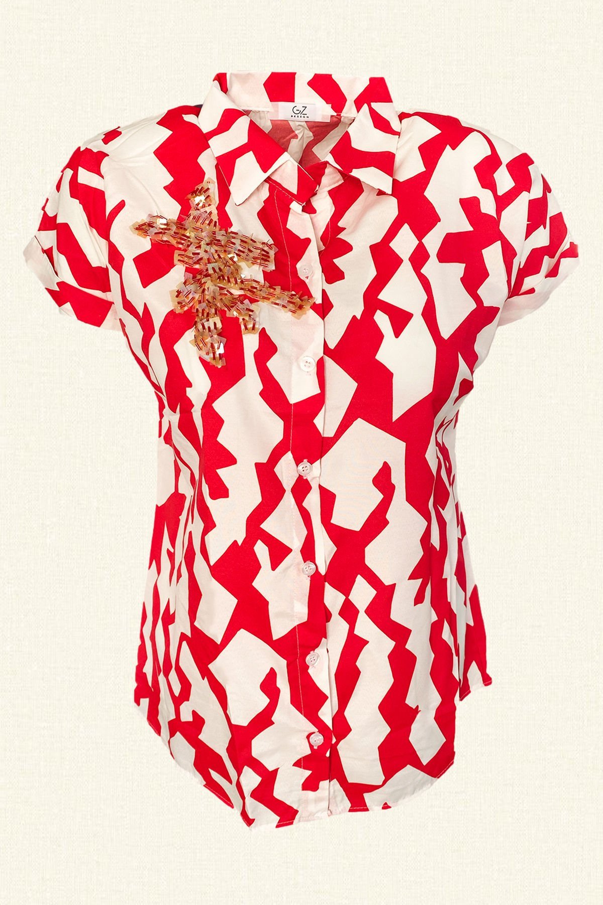 İşleme Detaylı Kırmızı Desenli Kısa Kollu Gömlek