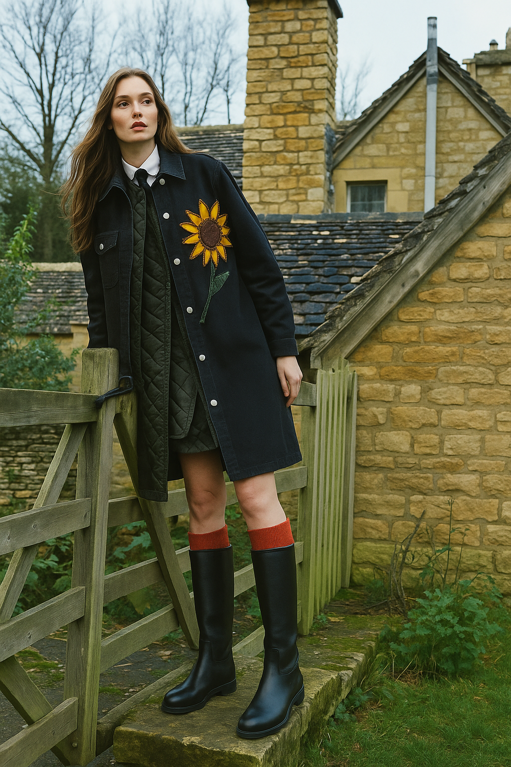 Deri Üzeri Boncuk İşlemeli Ayçiçeği Figürlü Uzun Siyah Renk Jean Ceket