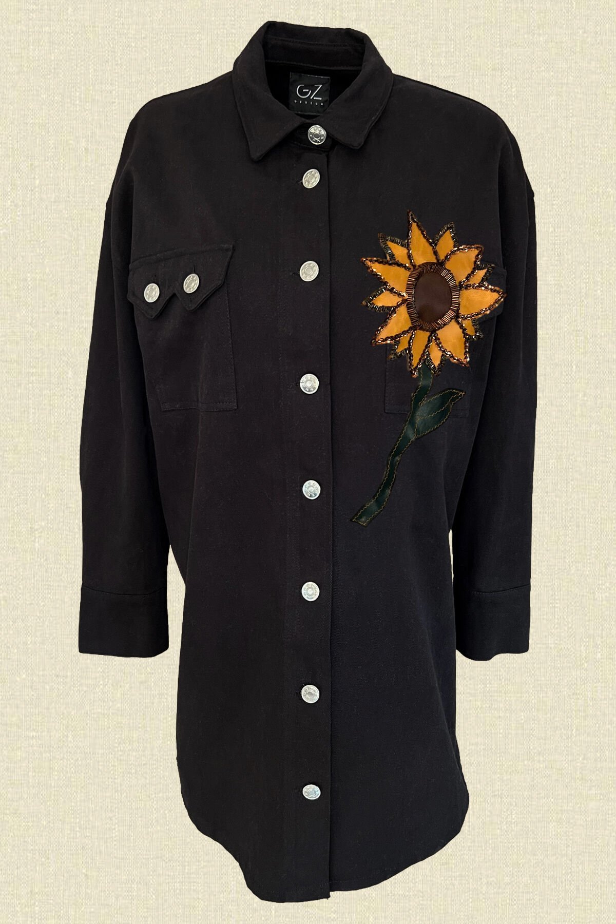 Deri Üzeri Boncuk İşlemeli Ayçiçeği Figürlü Uzun Siyah Renk Jean Ceket