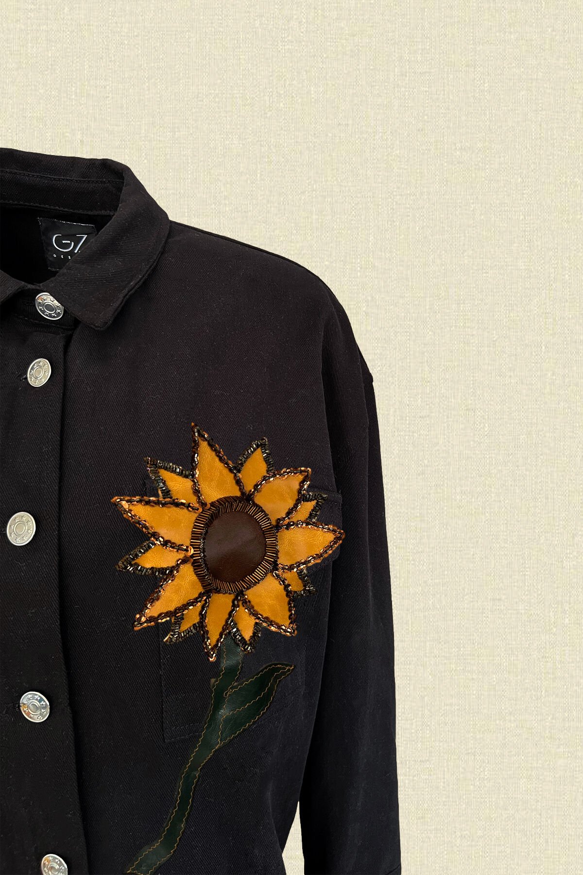 Deri Üzeri Boncuk İşlemeli Ayçiçeği Figürlü Uzun Siyah Renk Jean Ceket