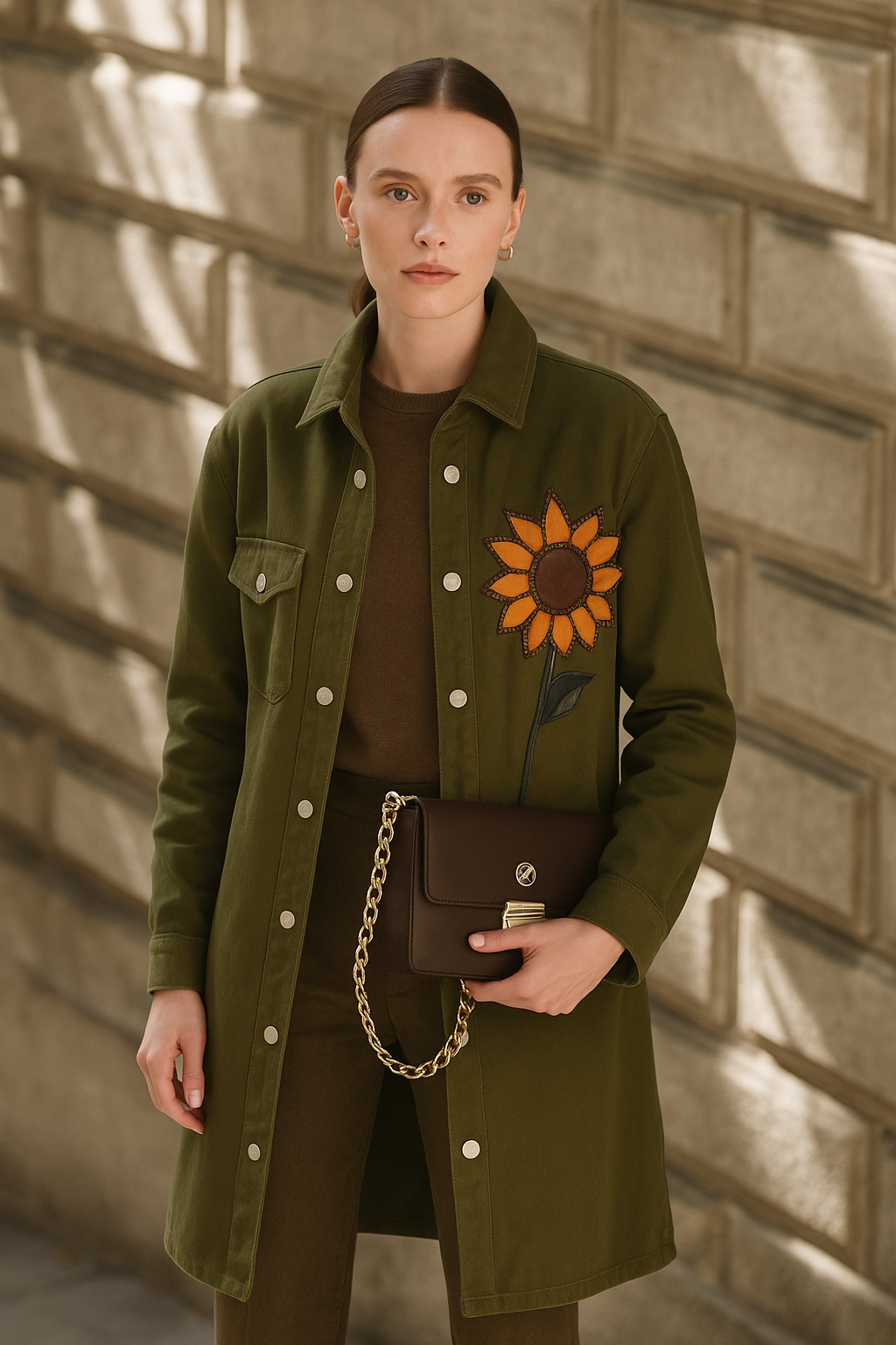 Deri Üzeri Boncuk İşlemeli Ayçiçeği Figürlü Uzun Yeşil Renk Jean Ceket