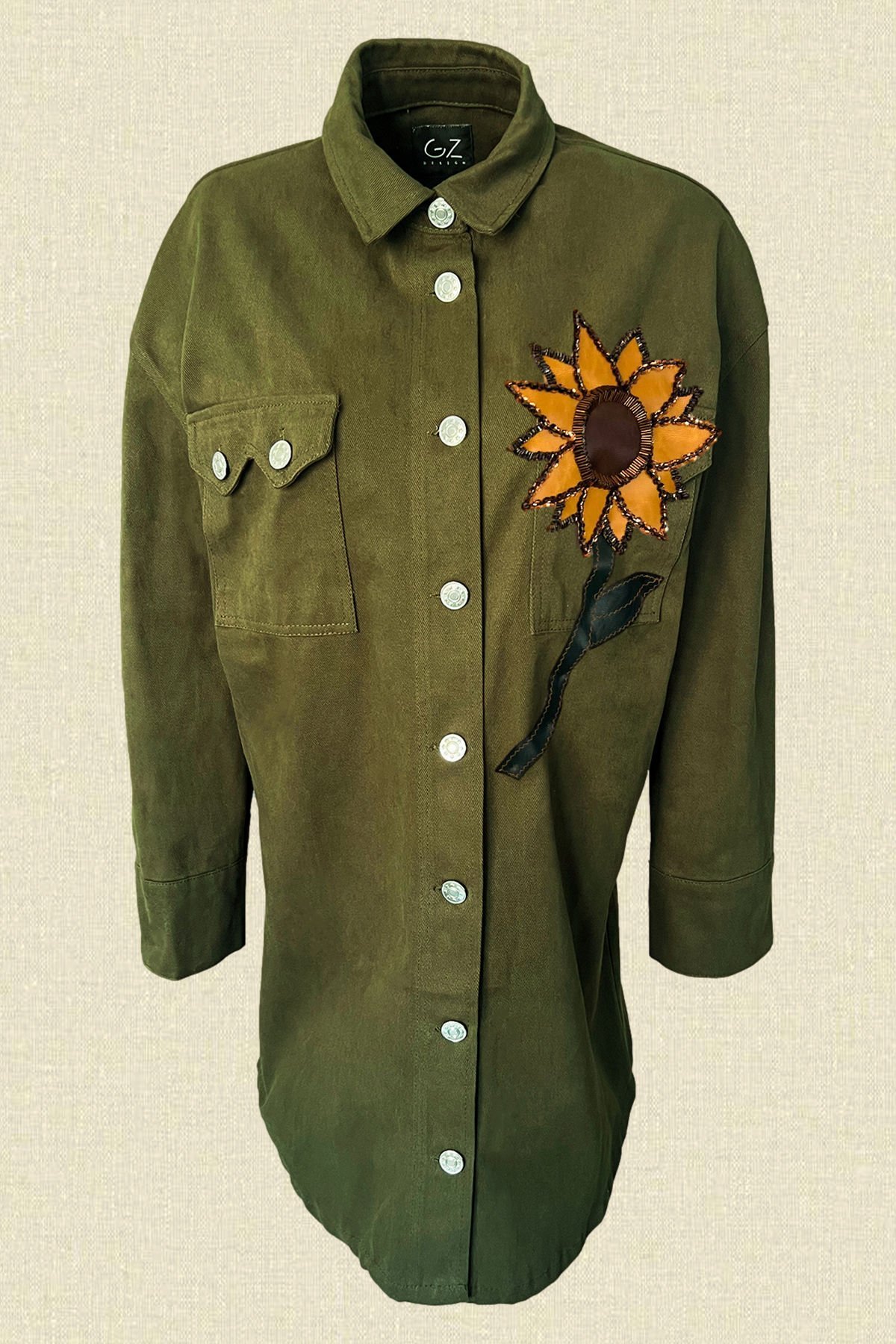 Deri Üzeri Boncuk İşlemeli Ayçiçeği Figürlü Uzun Yeşil Renk Jean Ceket