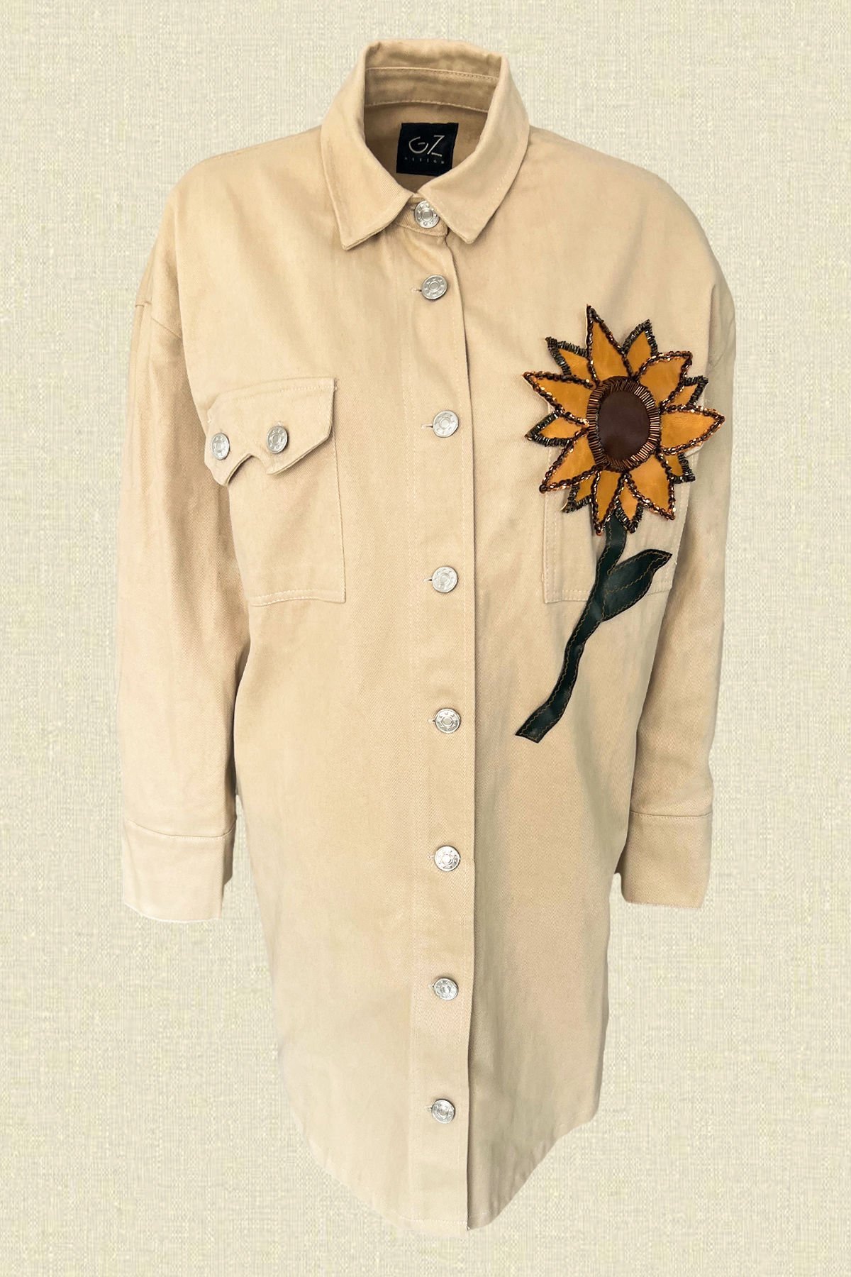 Deri Üzeri Boncuk İşlemeli Ayçiçeği Figürlü Uzun Krem Renk Jean Ceket