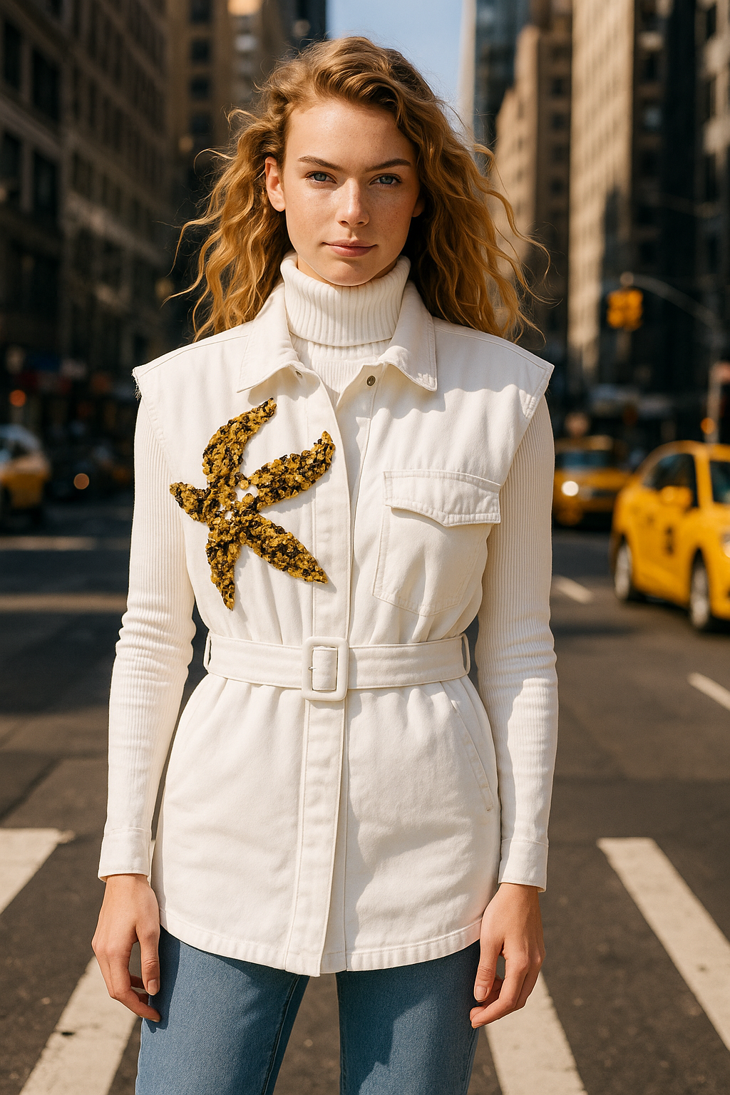 Gold Denizyıldızı İşlemeli Oversize Beyaz Jean Yelek