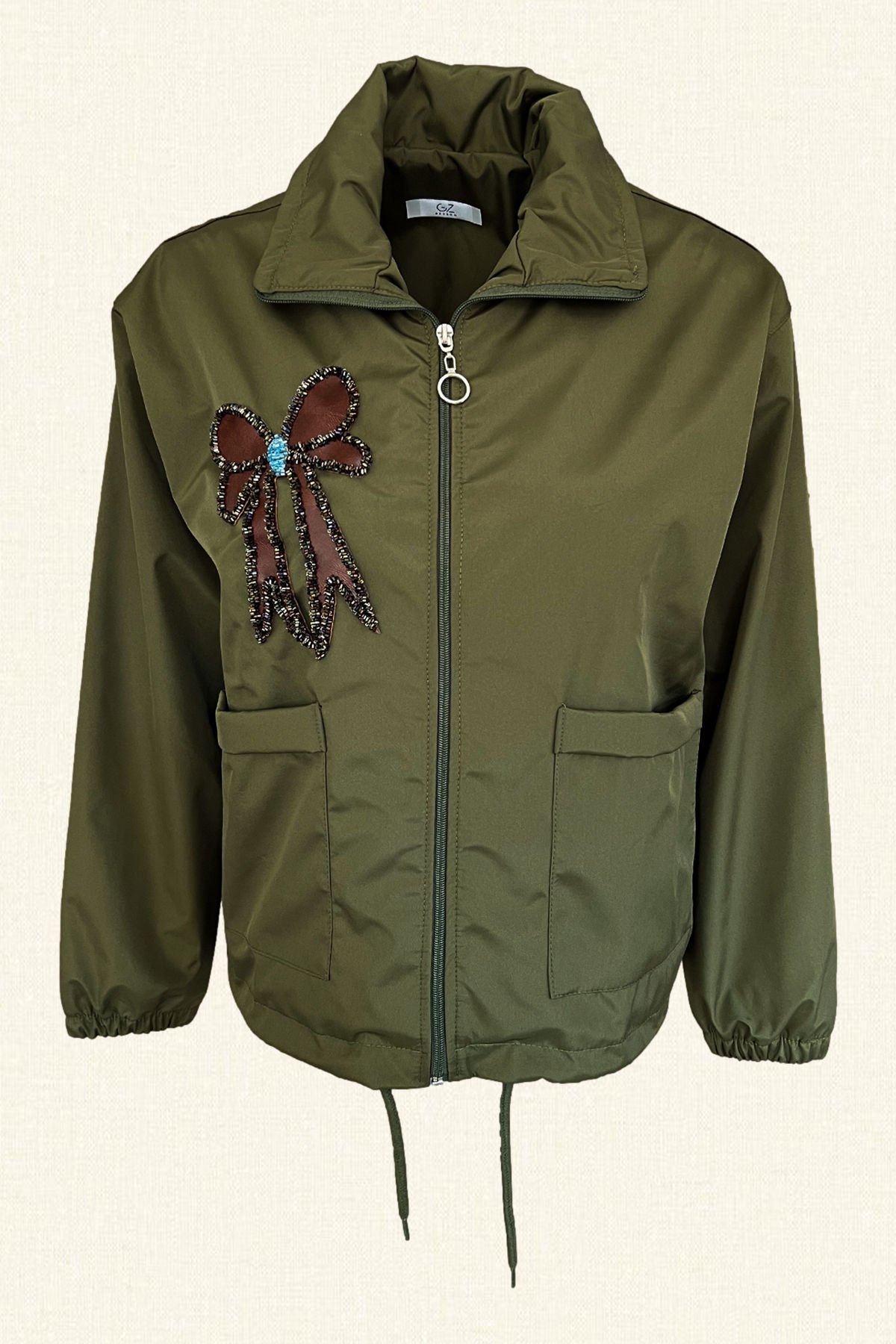 Deri Üzeri Fiyonk Figürlü Yeşil Yağmurluk