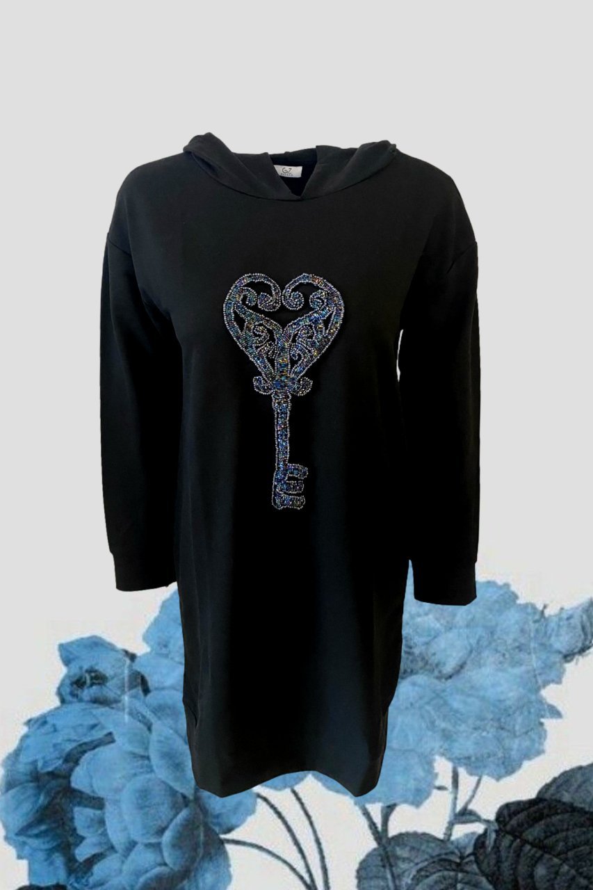 Anahtar İşlemeli Siyah Sweatshirt Elbise