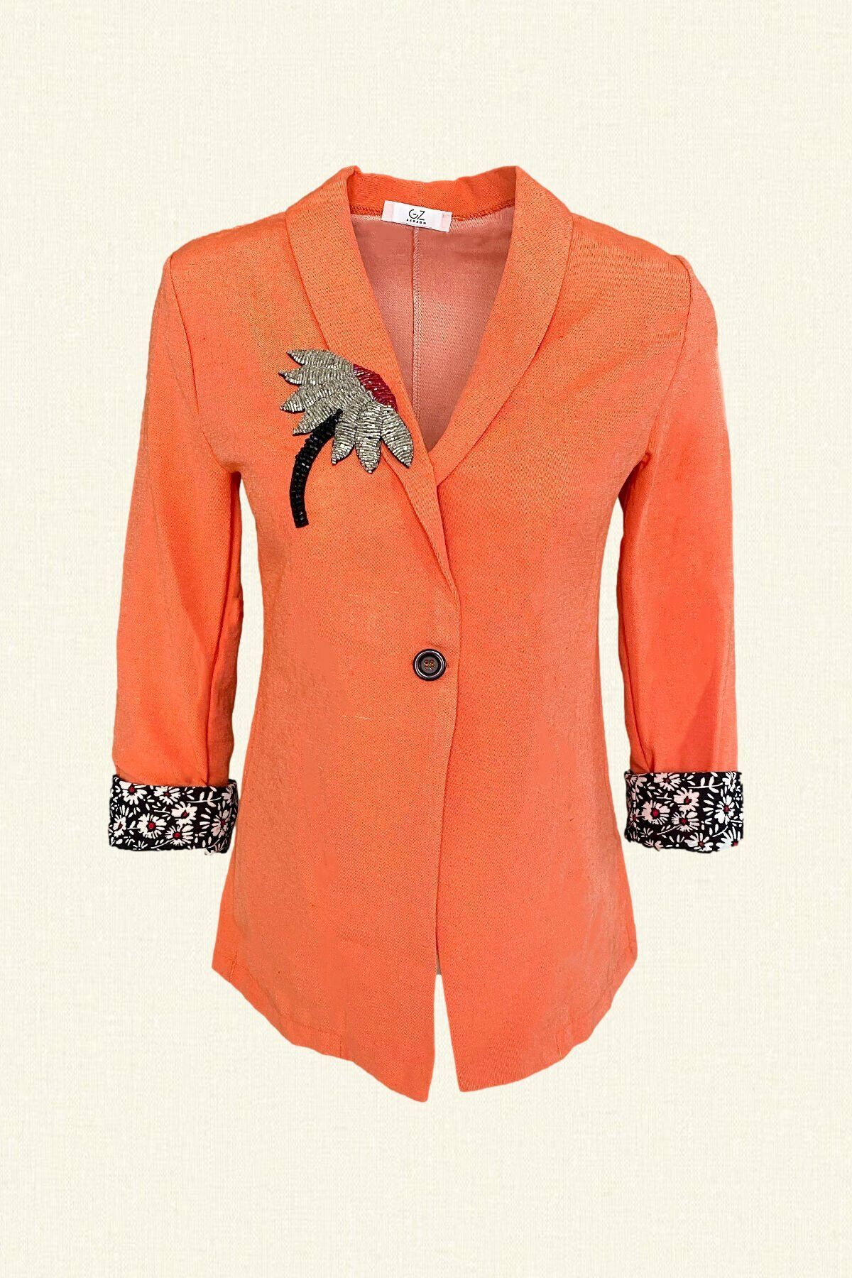 Gümüş Çiçek İşlemeli Turuncu Keten Blazer Ceket