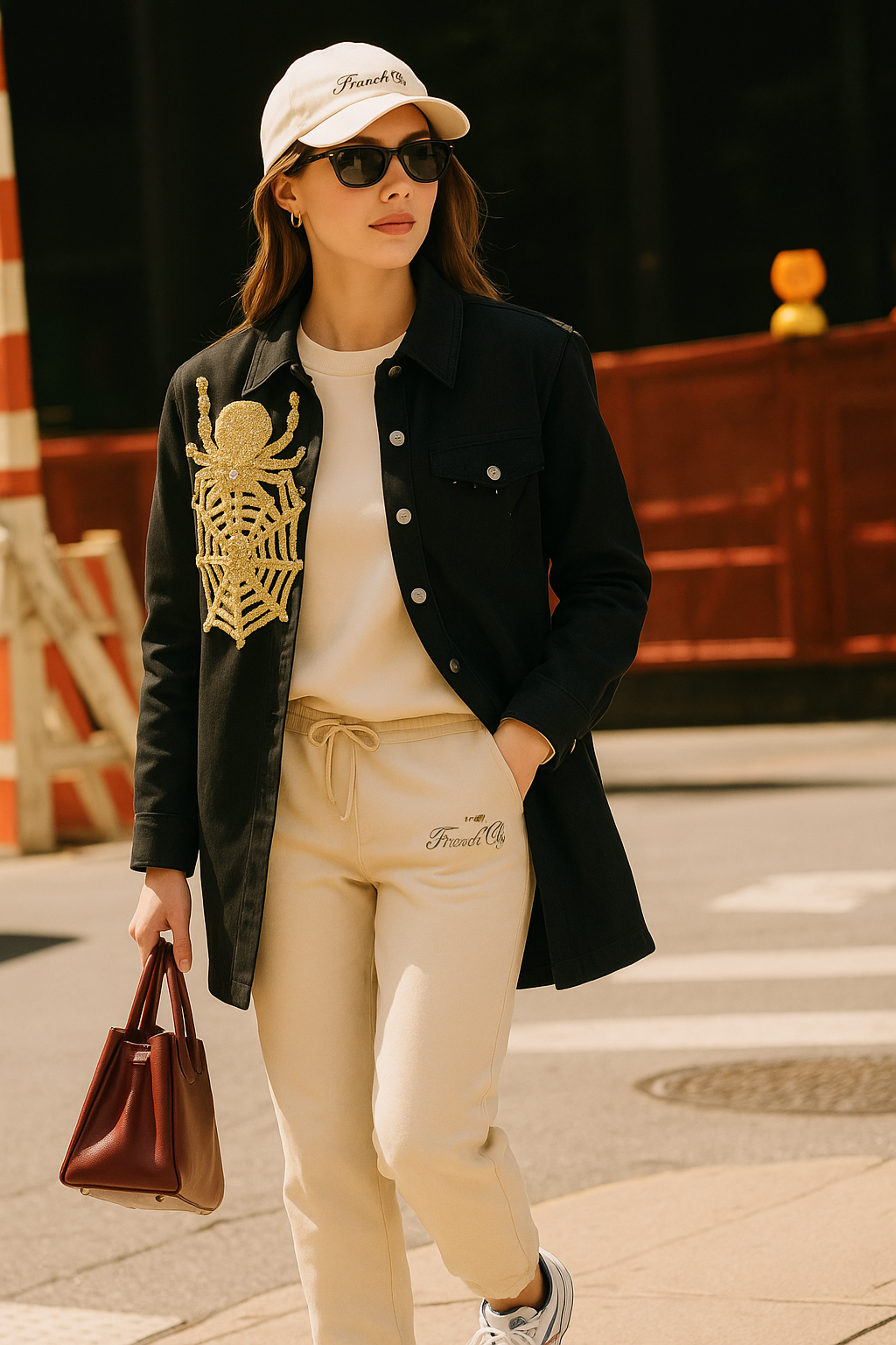 Örümcek İşlemeli Uzun Siyah Renk Jean Ceket