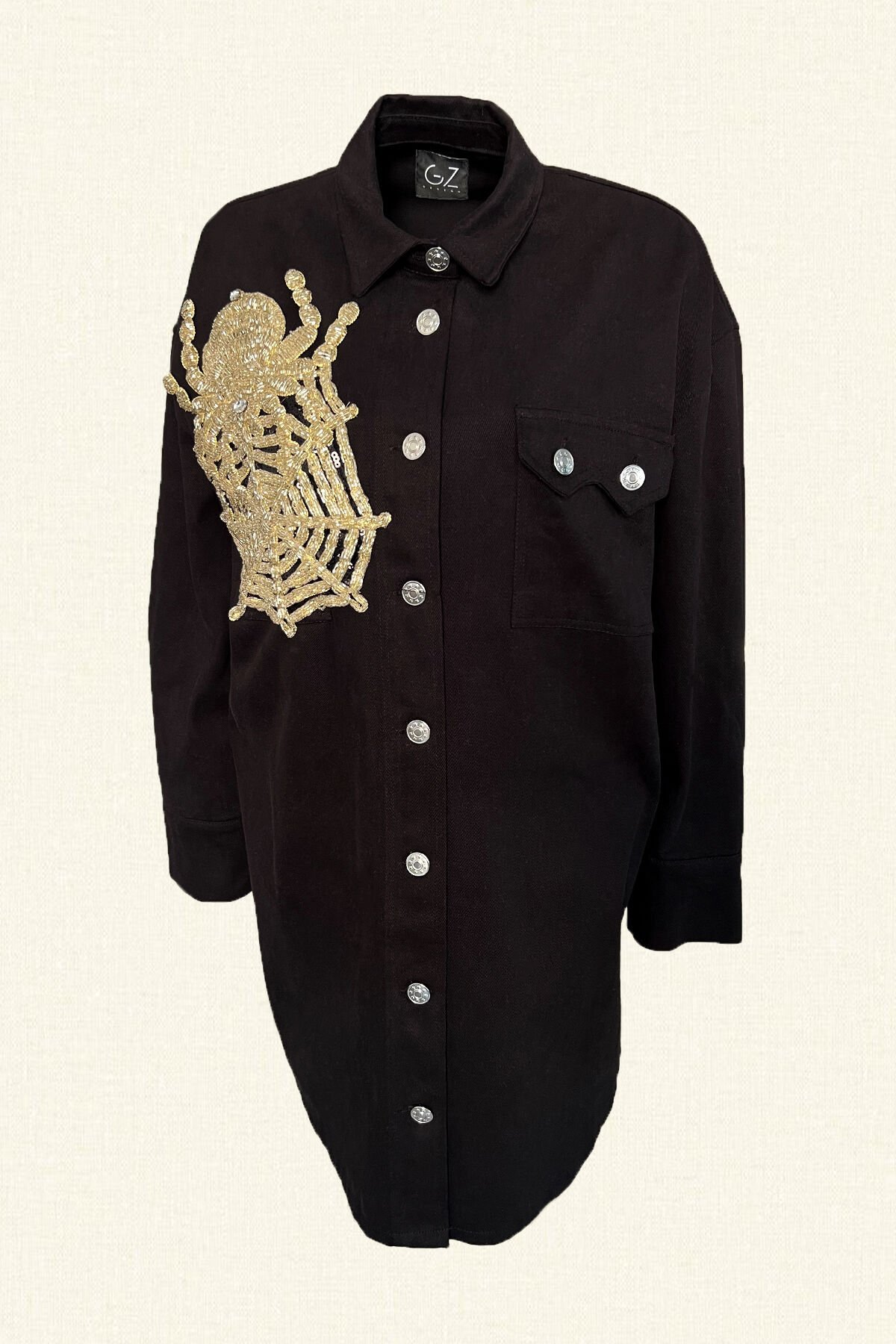 Örümcek İşlemeli Uzun Siyah Renk Jean Ceket