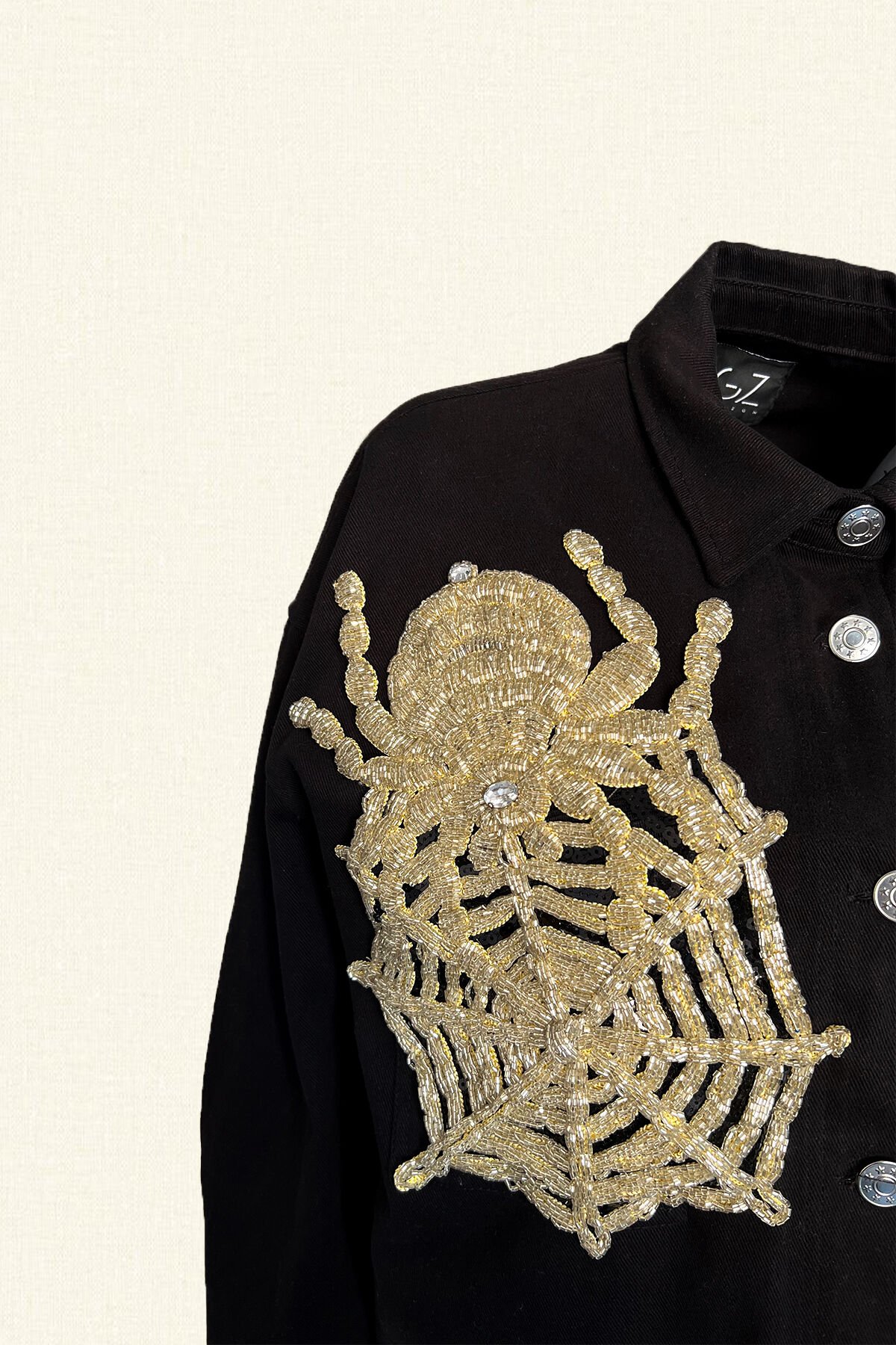 Örümcek İşlemeli Uzun Siyah Renk Jean Ceket