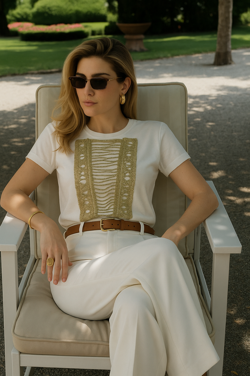 Gold Sırma İşlemeli Bisiklet Yaka Beyaz Tişört