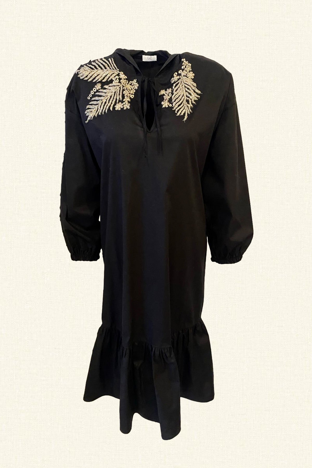 Yaprak Motifli Siyah Gömlek Elbise