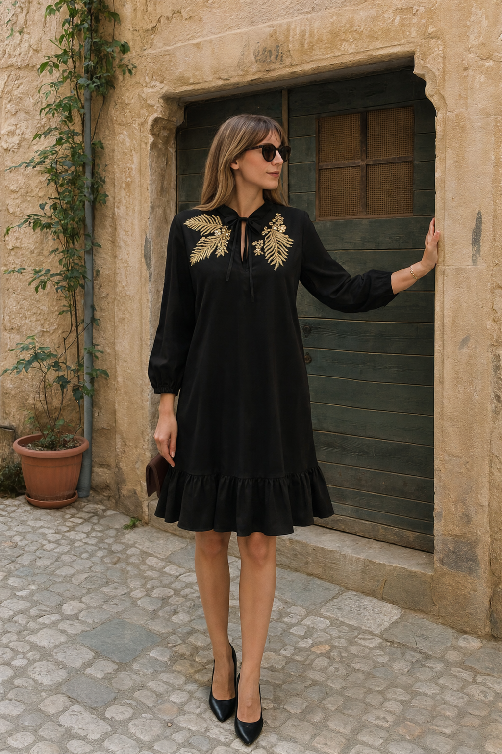 Yaprak Motifli Siyah Gömlek Elbise