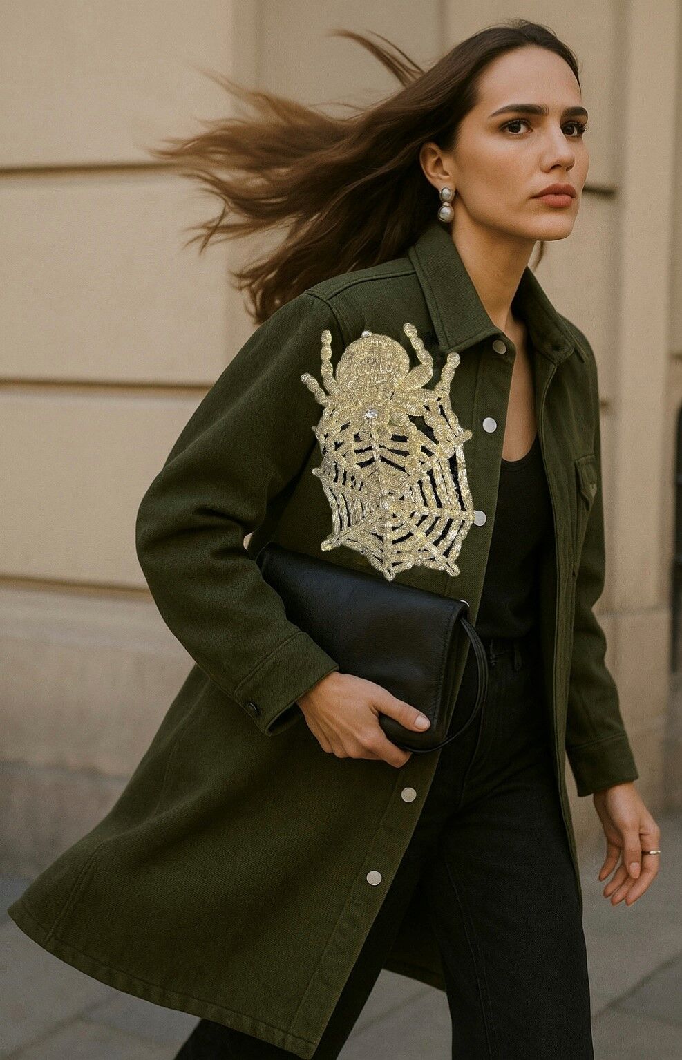 Örümcek İşlemeli Uzun Yeşil Renk Jean Ceket