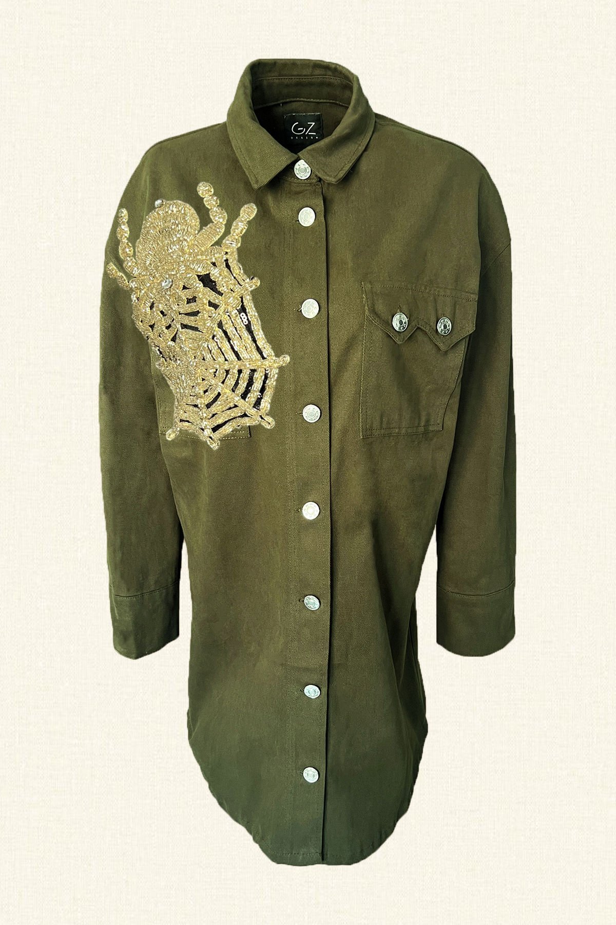 Örümcek İşlemeli Uzun Yeşil Renk Jean Ceket