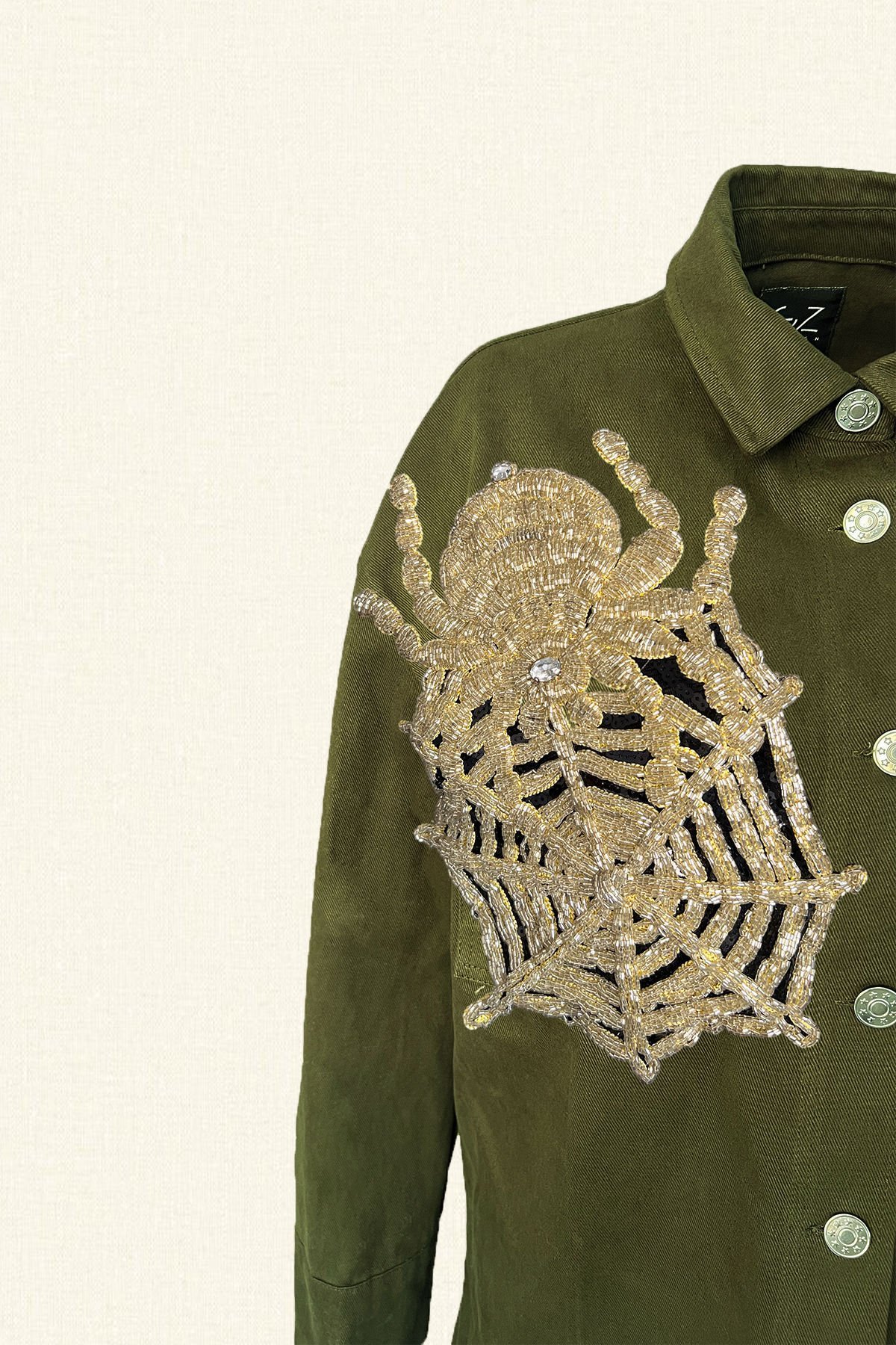 Örümcek İşlemeli Uzun Yeşil Renk Jean Ceket