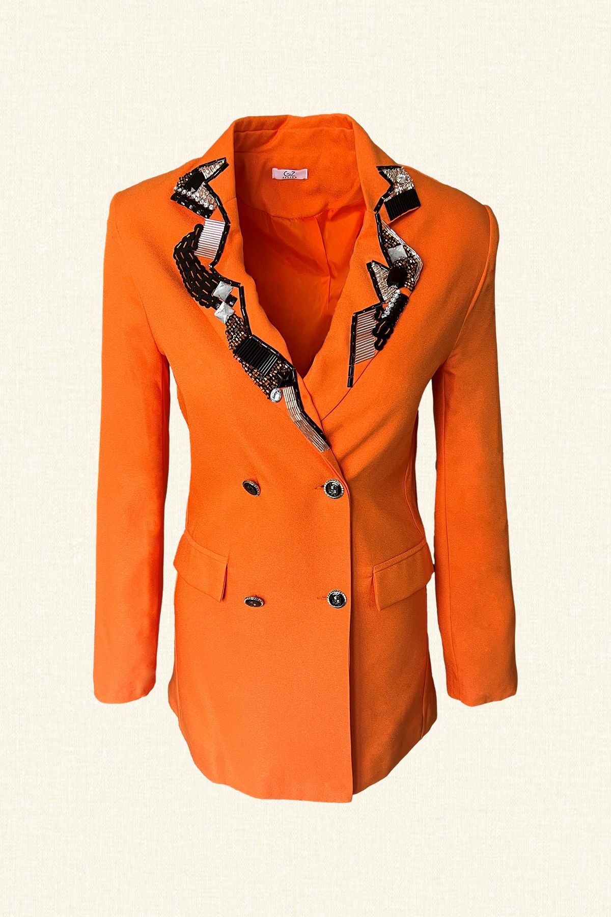 Yakası Kristal Taş Işlemeli Turuncu Blazer Ceket