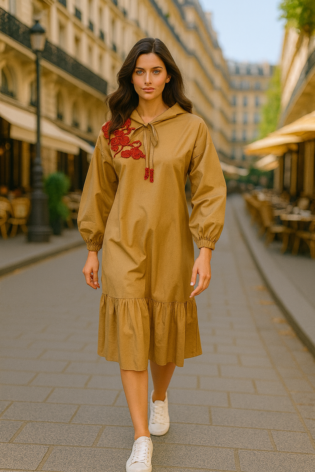 Kırmızı İşlemeli Midi Boy Gömlek Elbise