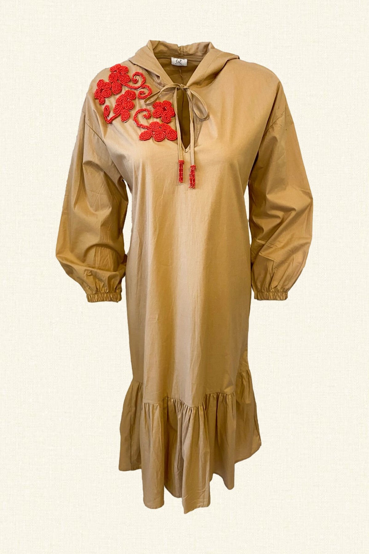 Kırmızı İşlemeli Midi Boy Gömlek Elbise