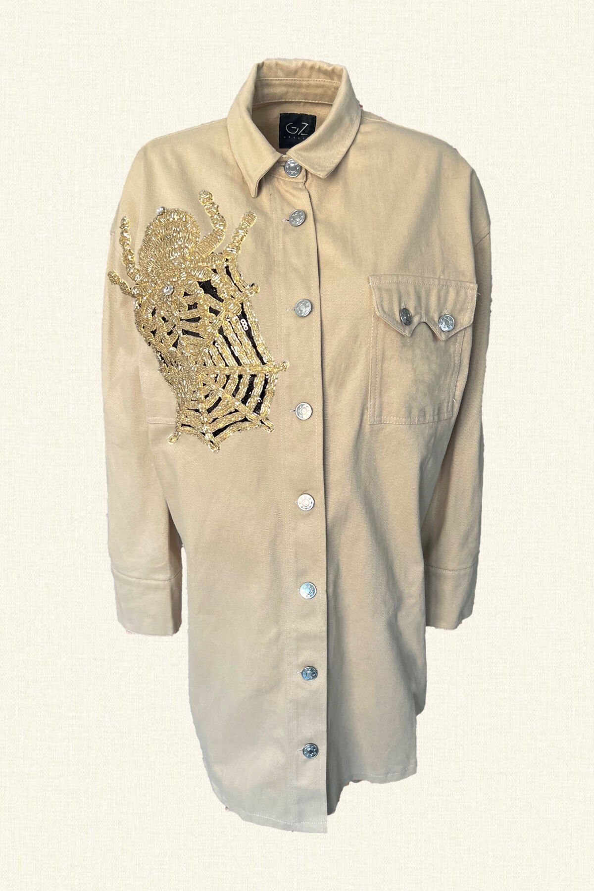 Örümcek İşlemeli Uzun Krem Renk Jean Ceket