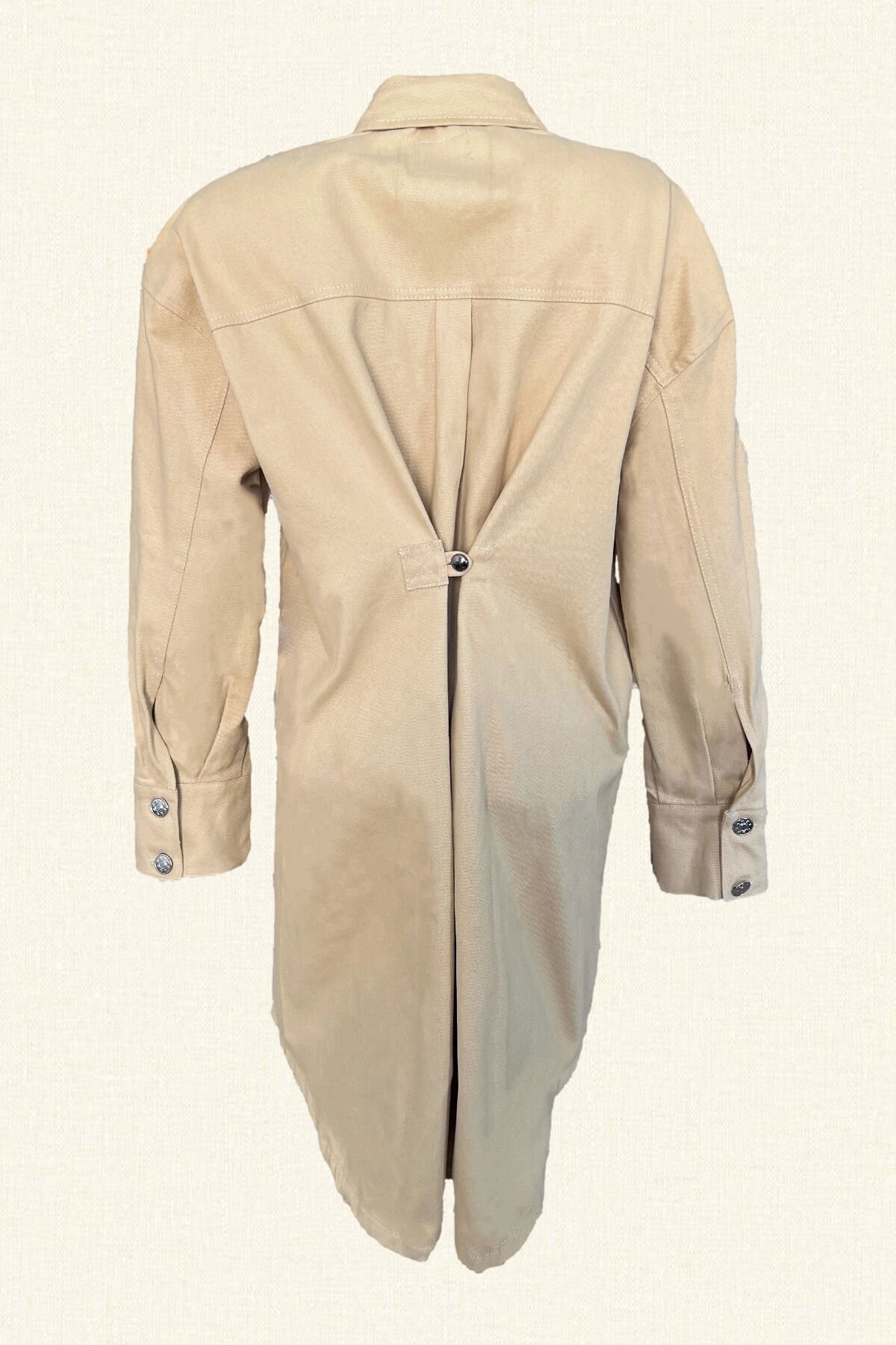 Örümcek İşlemeli Uzun Krem Renk Jean Ceket