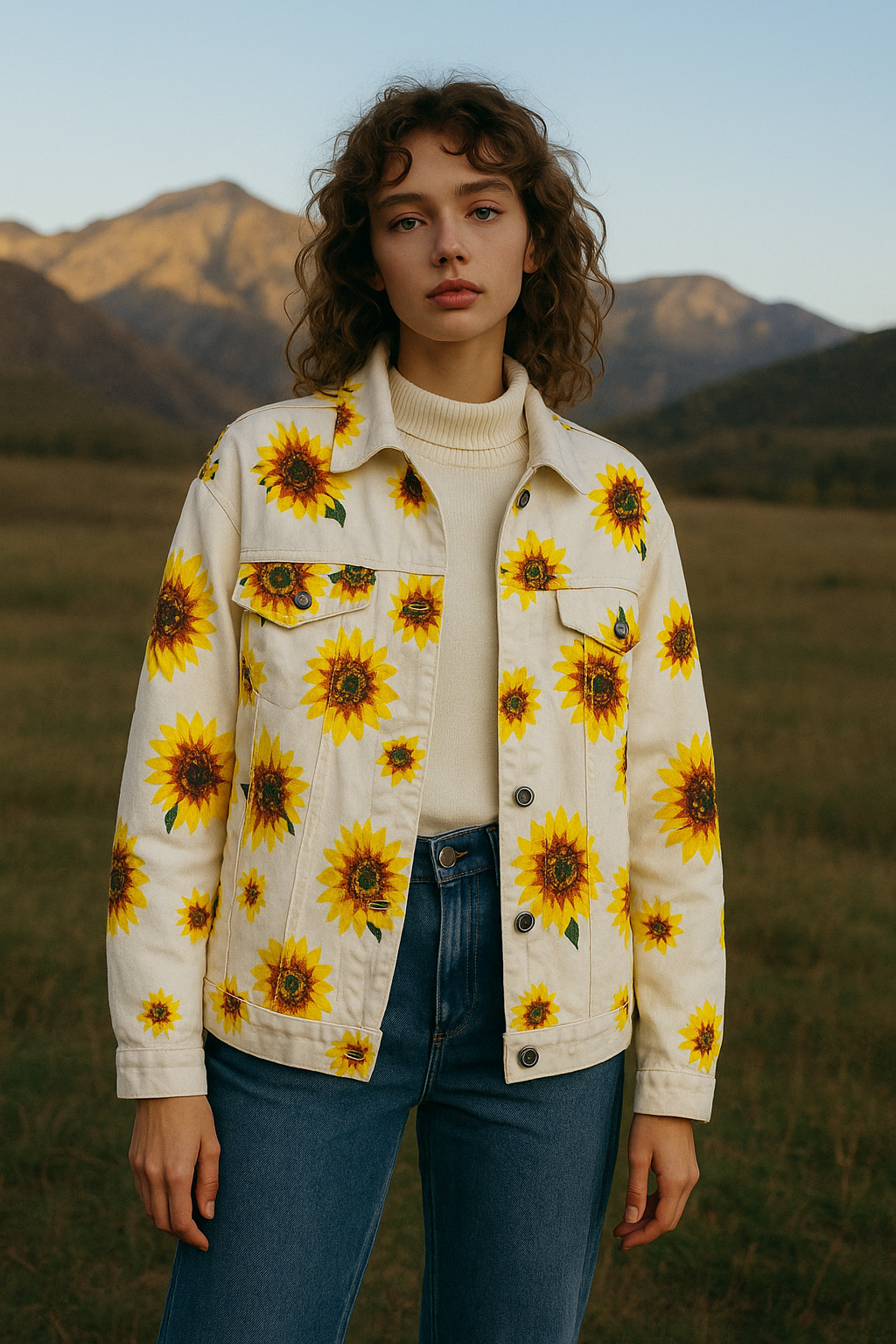 Ayçiçek Figürlü El Boyaması Beyaz Oversize Jean Ceket