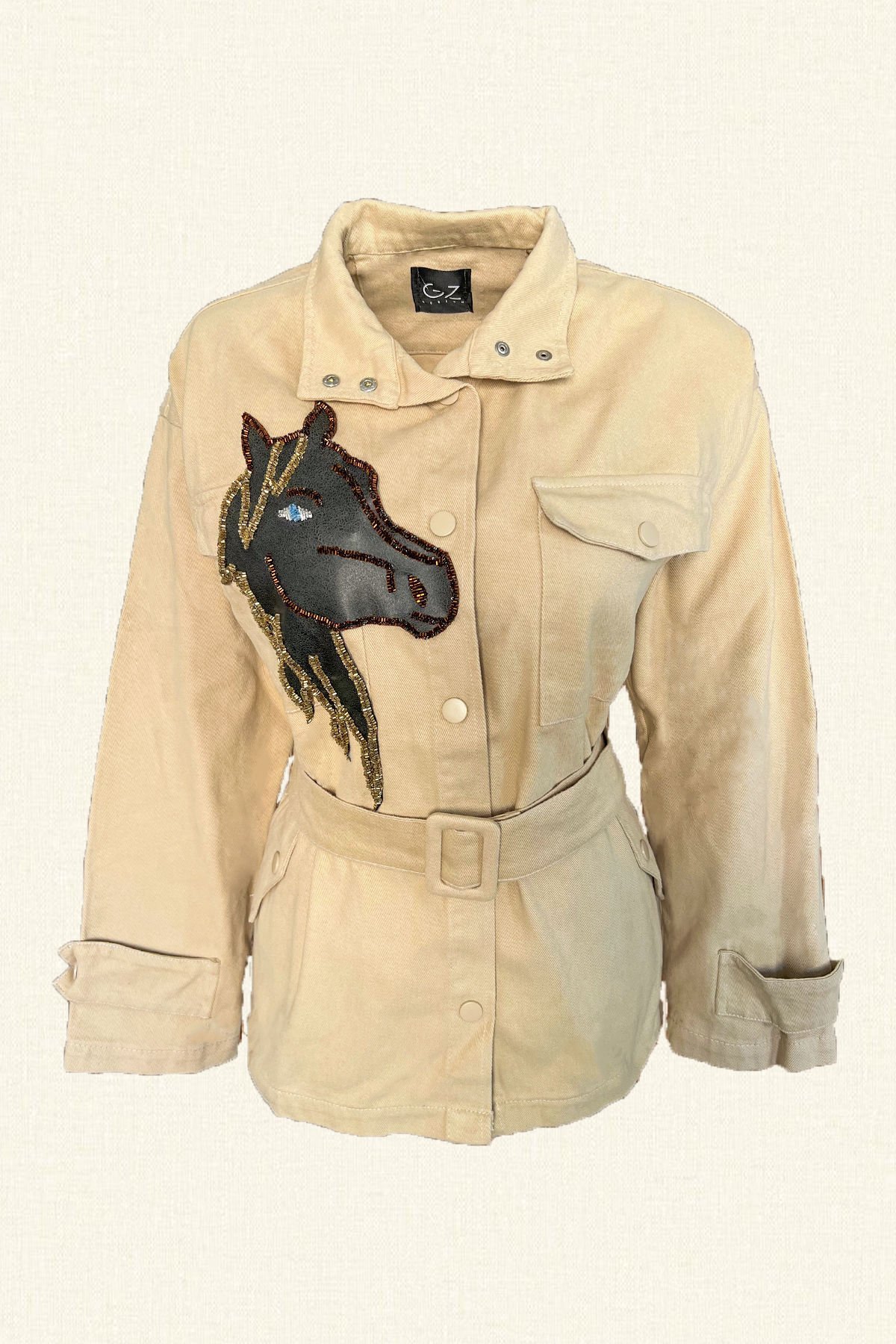 Deri Üzeri Boncuk İşlemeli Mavi Gözlü At Figürlü Krem Renk Jean Ceket