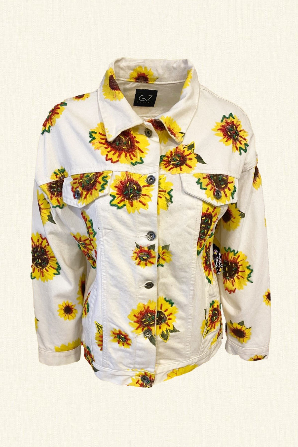 Ayçiçek Figürlü El Boyaması Beyaz Oversize Jean Ceket