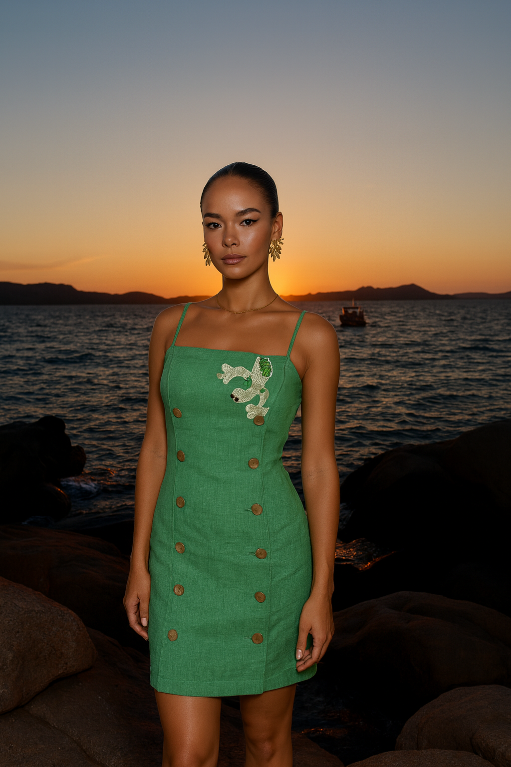 Gümüş Kertenkele İşlemeli Düğme Detaylı Askılı Slim Fit Yeşil Elbise