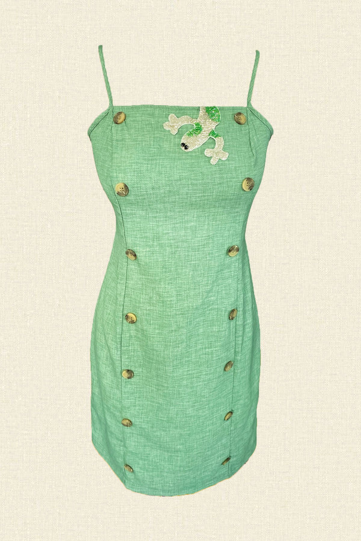 Gümüş Kertenkele İşlemeli Düğme Detaylı Askılı Slim Fit Yeşil Elbise