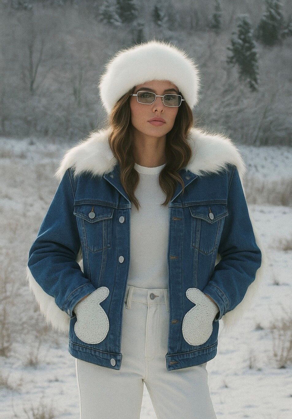 Eldiven Motifli Beyaz Kürklü Jean Ceket